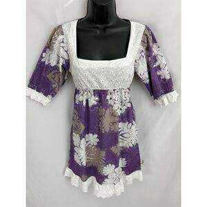 Hinano Tahiti Purple White Eyelet Dress Mini Size XS Ruffle Hem Romantic Girly